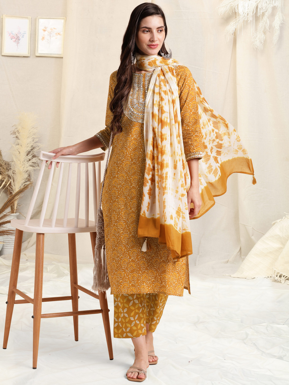 Image of MIRCHI FASHION Women Pure Cotton Kurta Pant Dupatta Set