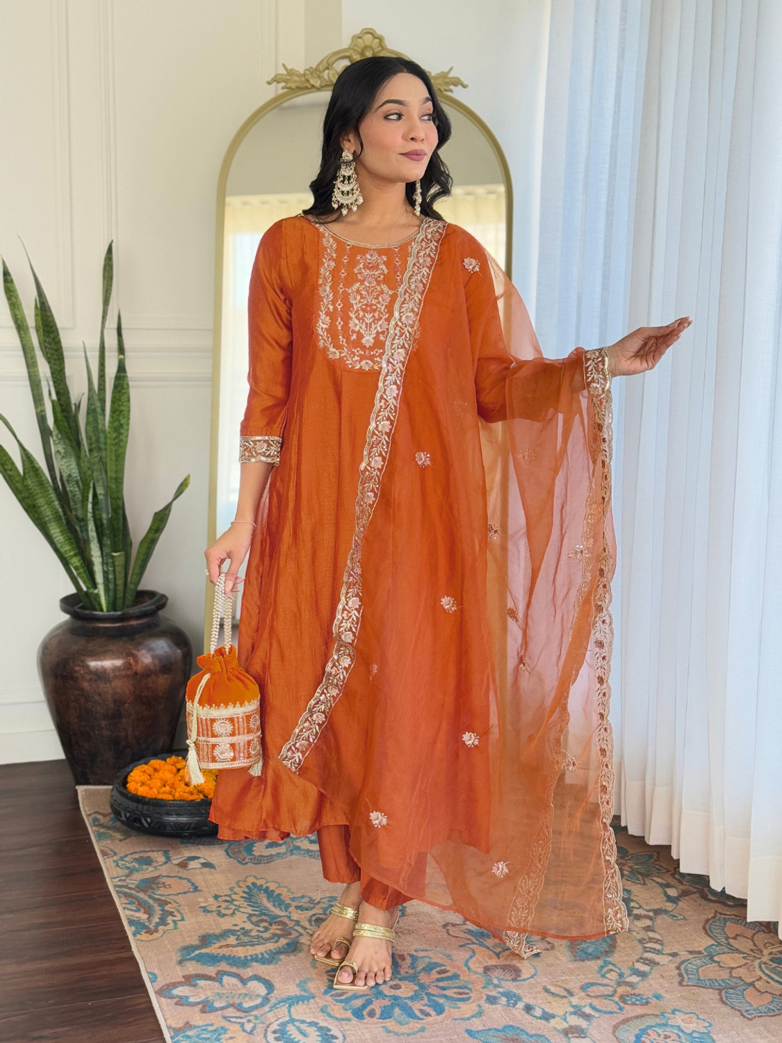 Image of Tasrika Women Chanderi Kurta Pant Dupatta Set
