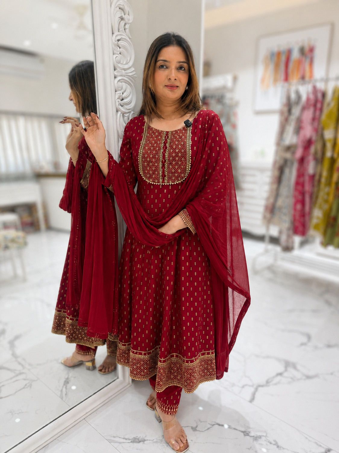 Image of HERE&NOW Women Georgette Kurta Palazzo Dupatta Set