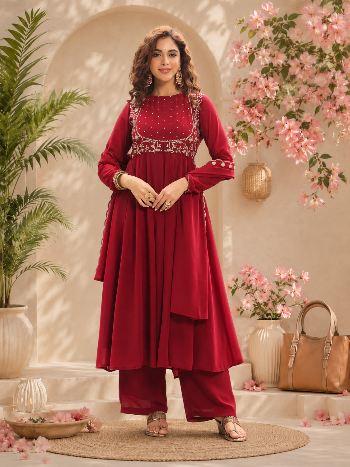 Image of Tasrika Embroidered Anarkali Kurta, Bottom & Dupatta Set
