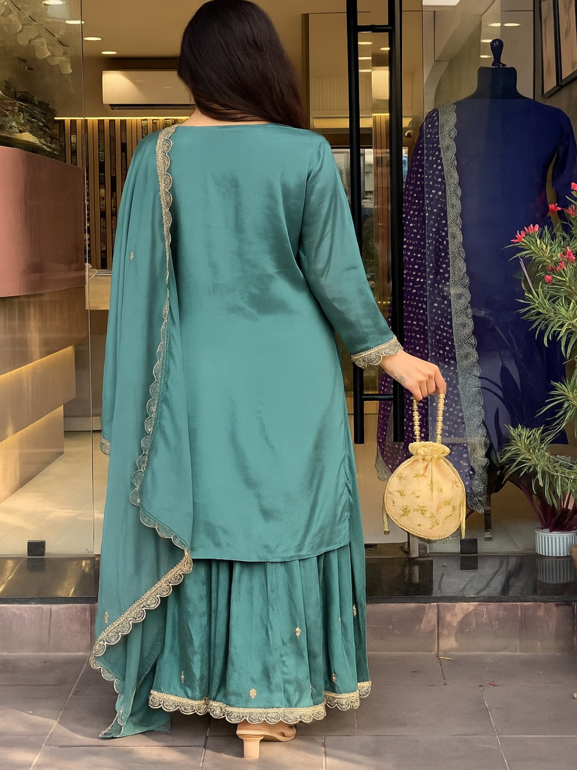 Image of HERE&NOW Women Georgette Kurta Palazzo Dupatta Set