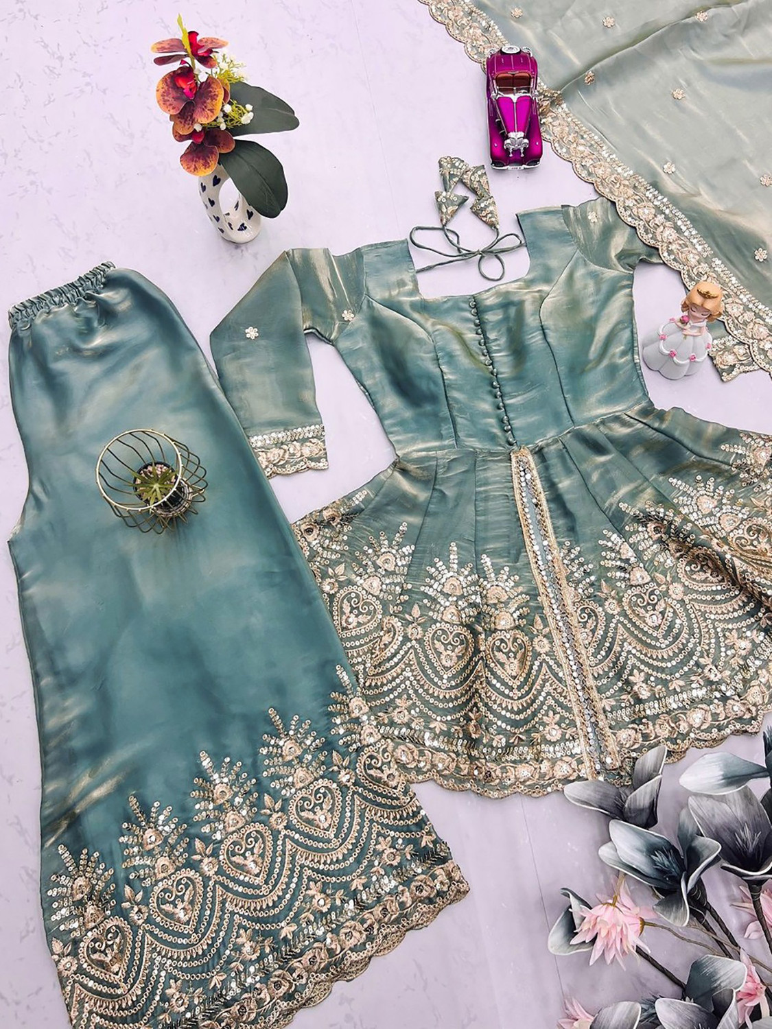 Image of KRISHNAHFAB Embroidered, Embellished Kurta, Trouser /Pant & Dupatta Set