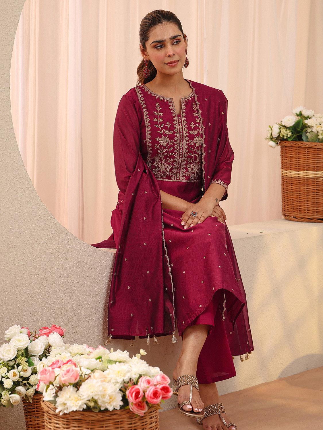 LIBAS Women Chanderi Kurta Pant Dupatta Set - Image 1