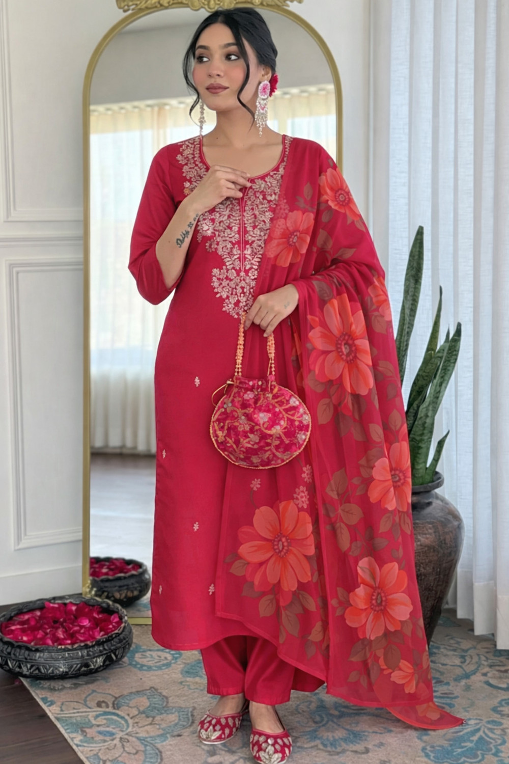 Image of Kachhot Women Cotton Rayon Kurti Pant Dupatta Set