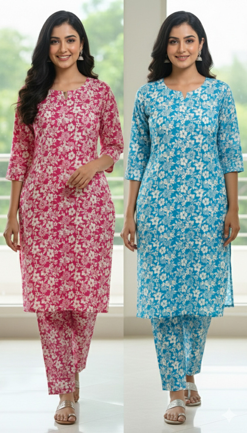 Image of AK SHAH Collection Women Cotton Blend Kurta Pant Set