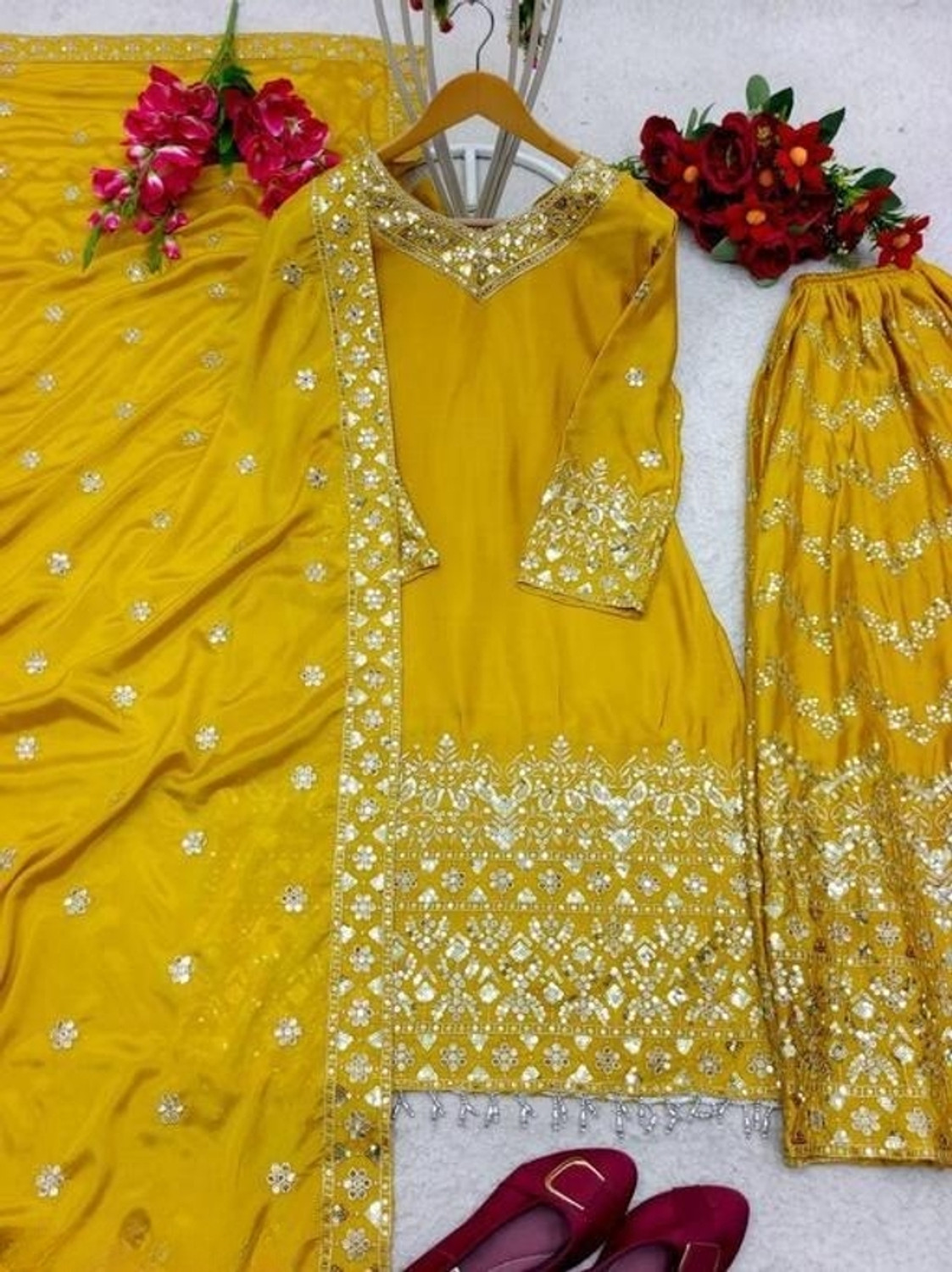 Image of SHISHKALA Women Silk Blend Kurta Sharara Dupatta Set