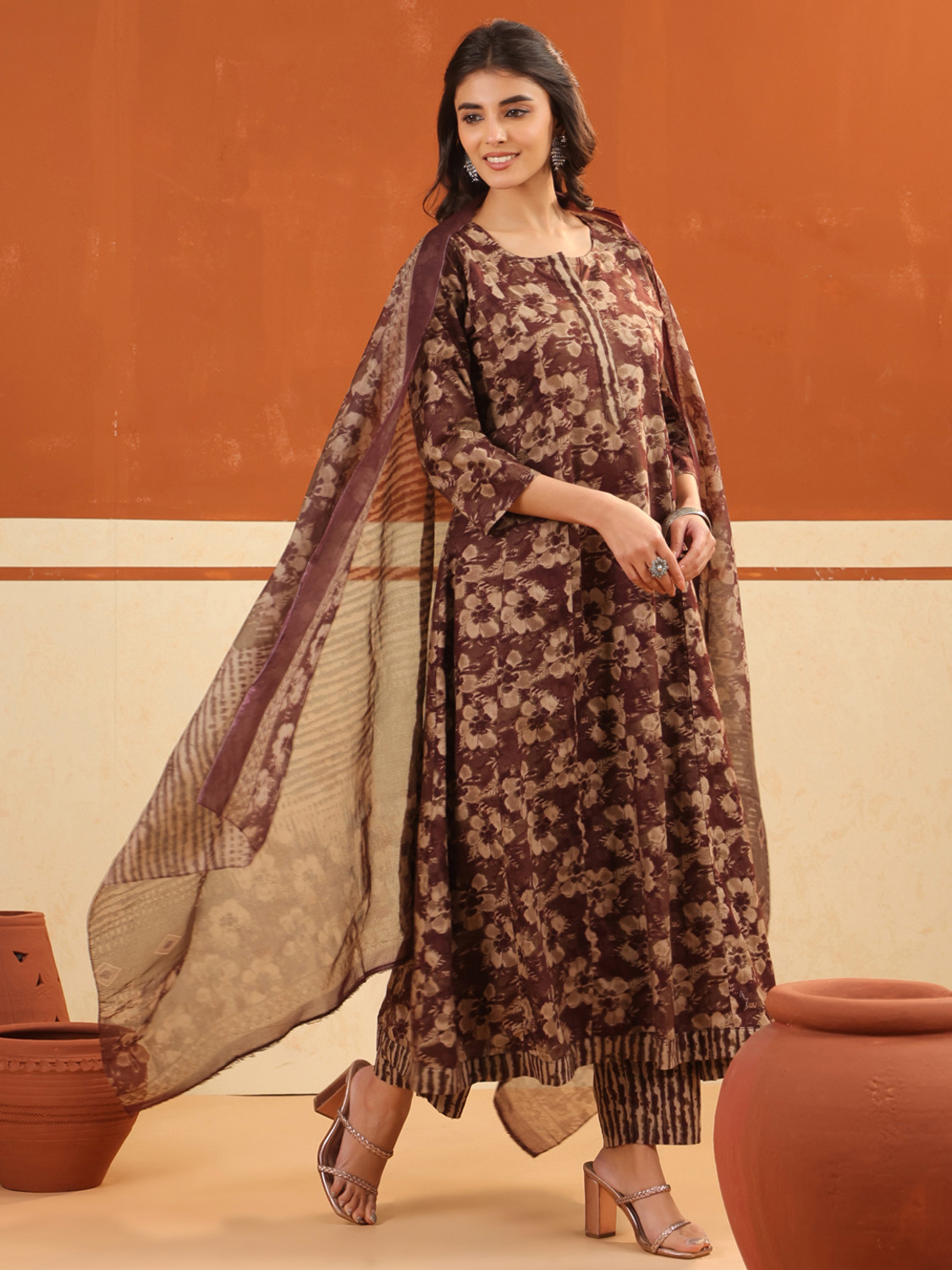 Image of Arayna Women Pure Cotton Kurta Palazzo Dupatta Set