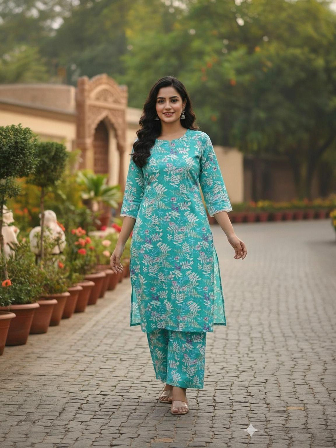 Image of RICF ROYALS INDIA FASHION COLLECTION Women Cotton Blend Kurti Palazzo Dupatta Set