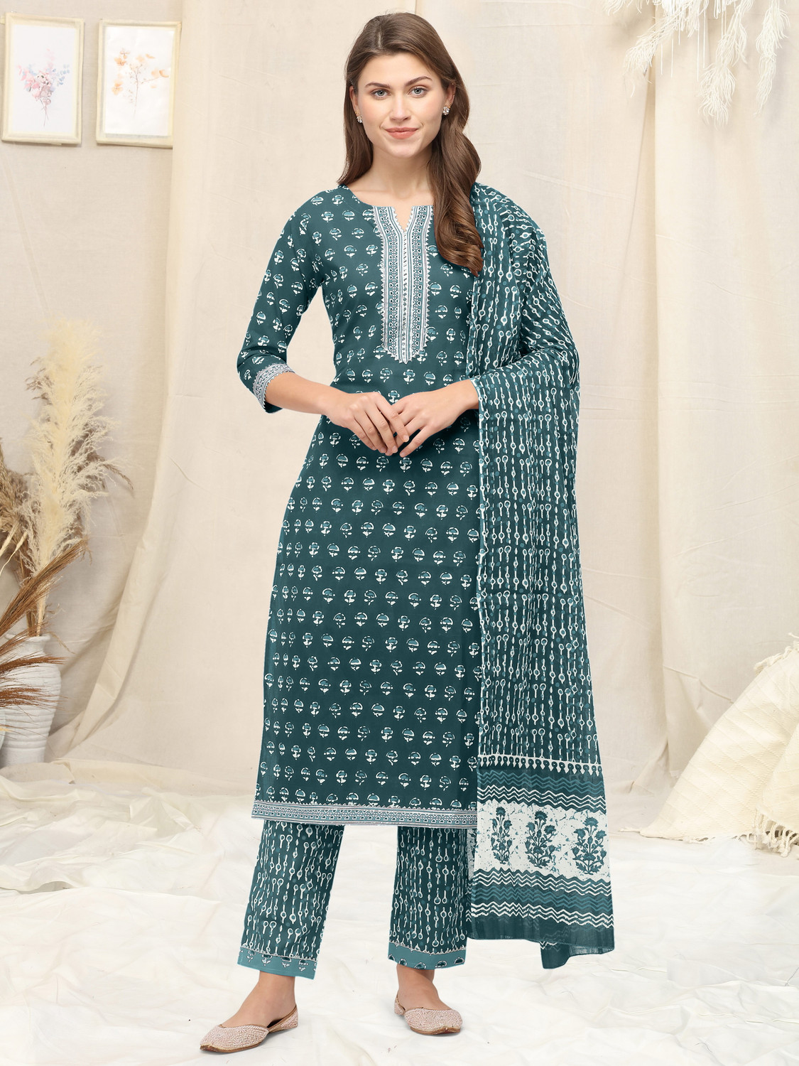 Image of MIRCHI FASHION Women Pure Cotton Kurta Pant Dupatta Set