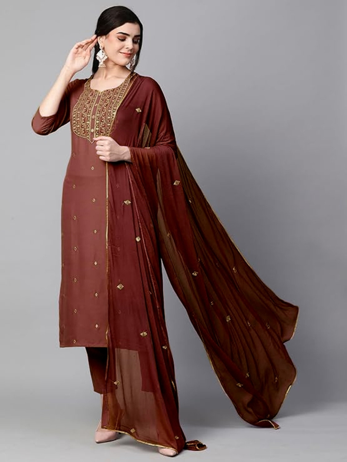 Image of HF HOLYDAY FASHION Women Cotton Blend Kurta Pant Dupatta Set