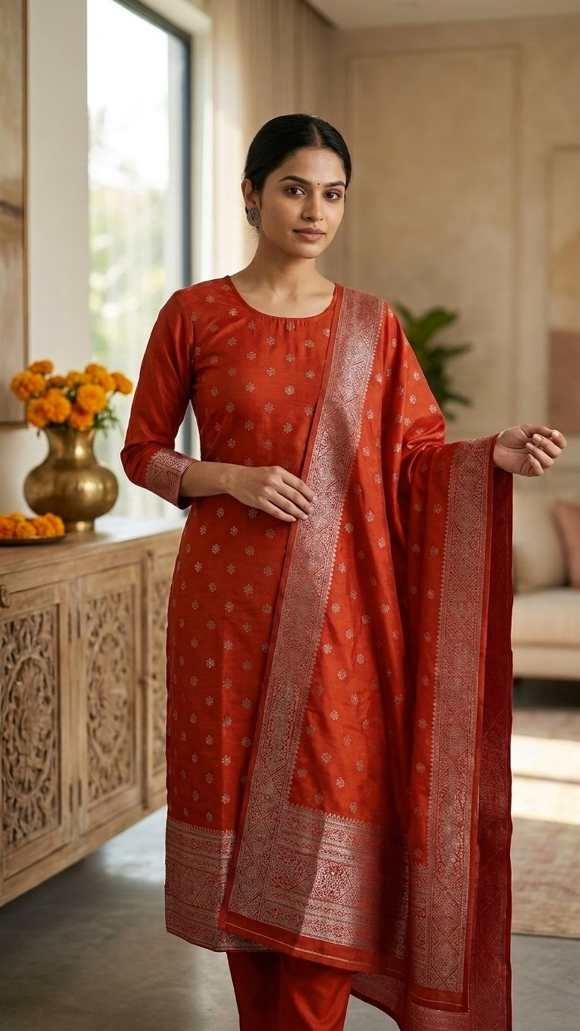 Image of Klosia Women Pure Silk Kurta Pant Dupatta Set