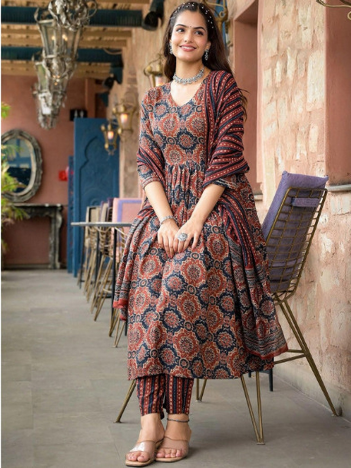 Image of KalyaniiFashion Women Cotton Rayon Kurta Pant Dupatta Set