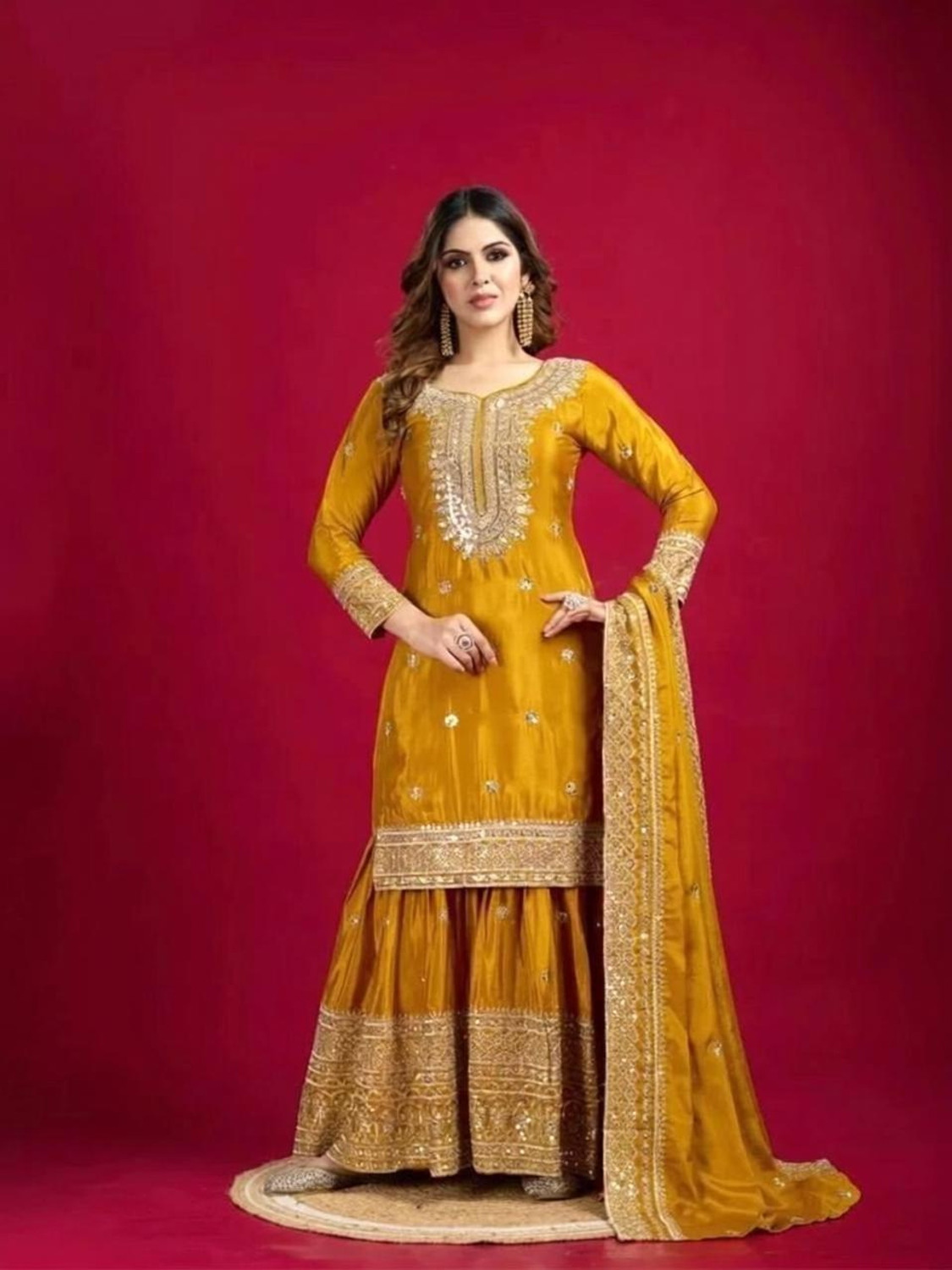 Image of SHISHKALA Women Silk Blend Kurta Sharara Dupatta Set