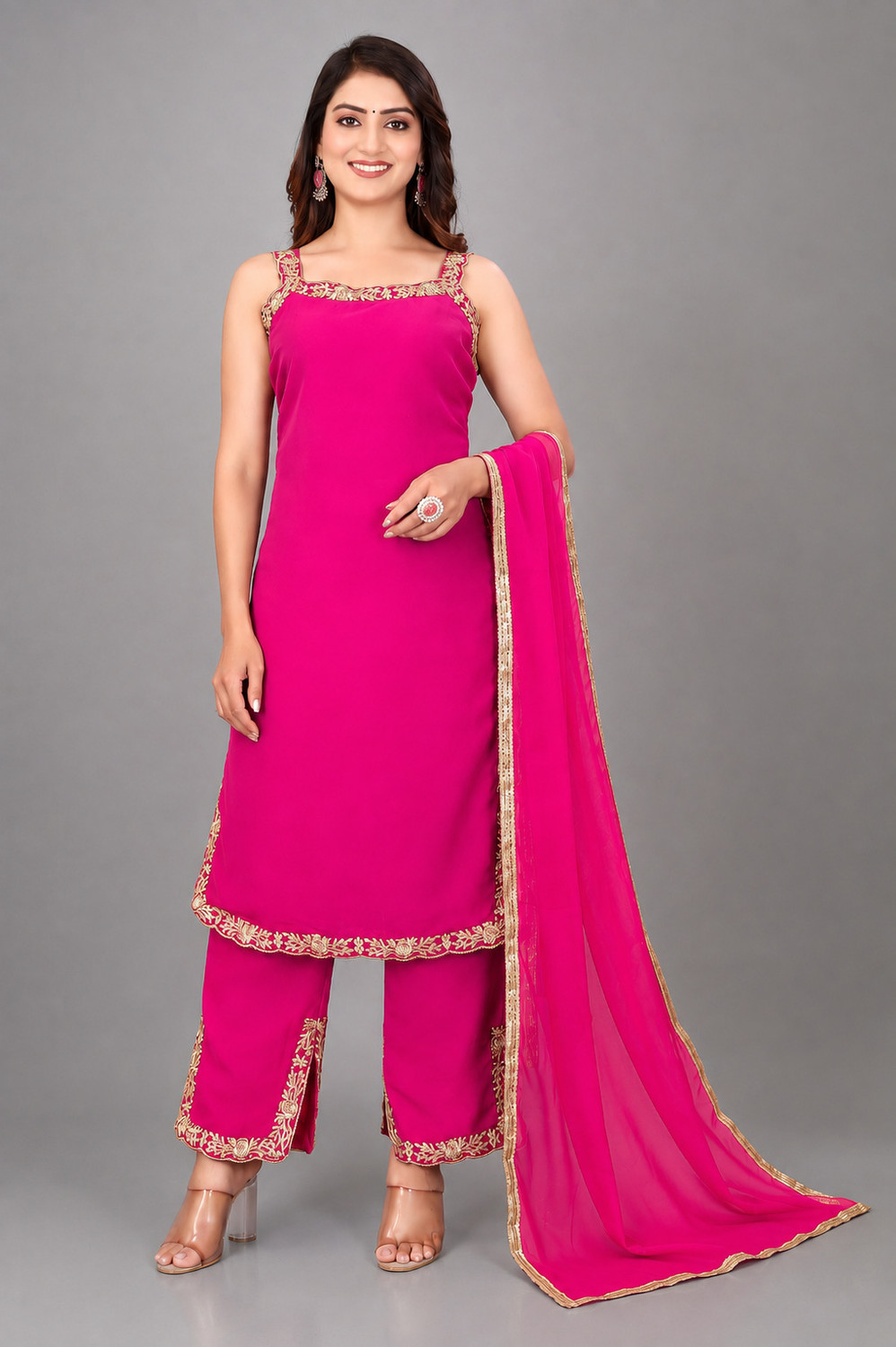 A and M Clothing Georgette Kurta Palazzo Dupatta Set - Image 1