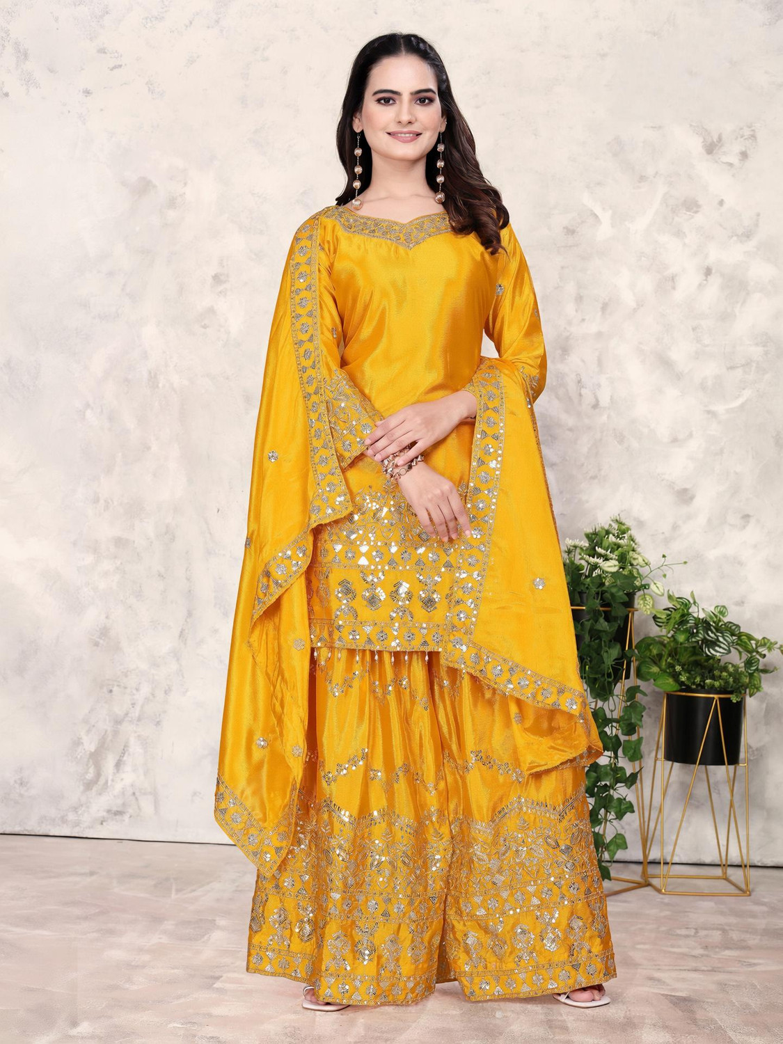 Image of SHISHKALA Women Silk Blend Kurta Sharara Dupatta Set