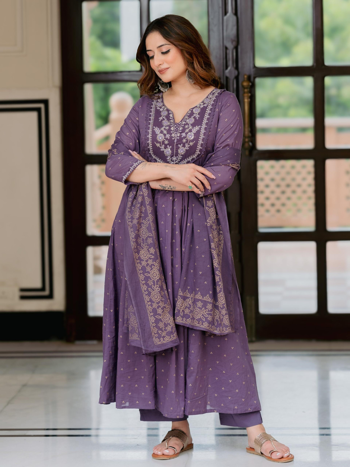 Image of Arayna Women Pure Cotton Kurta Palazzo Dupatta Set