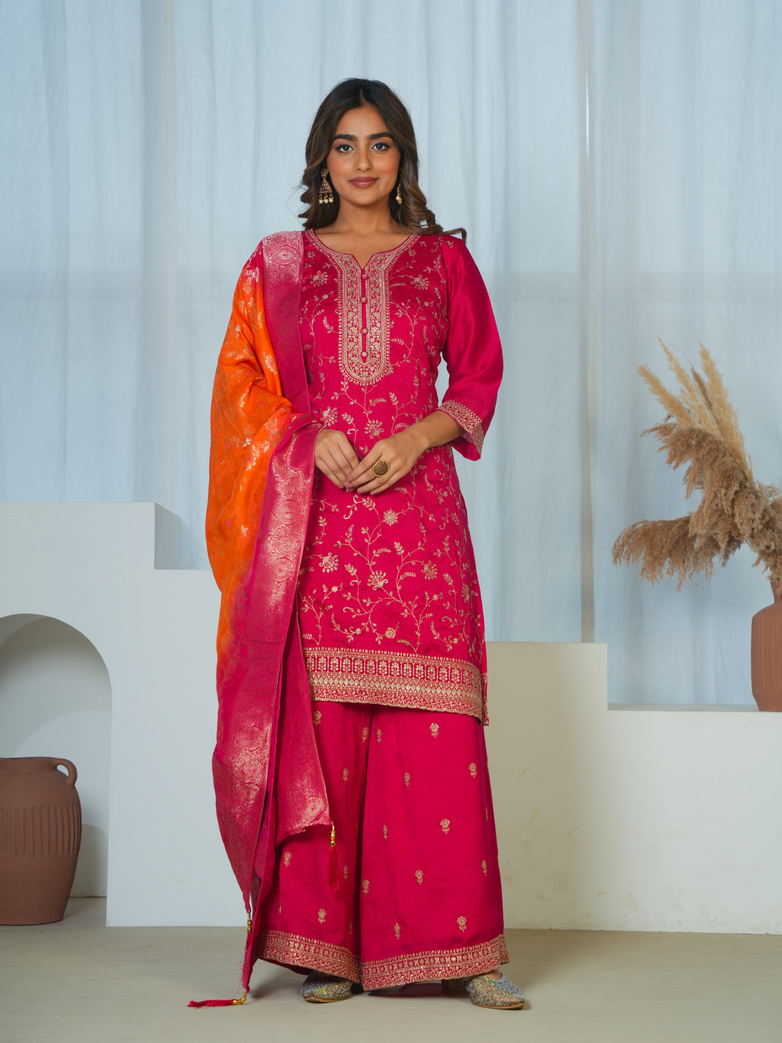 Image of Samragni Women Silk Blend Kurta Palazzo Dupatta Set
