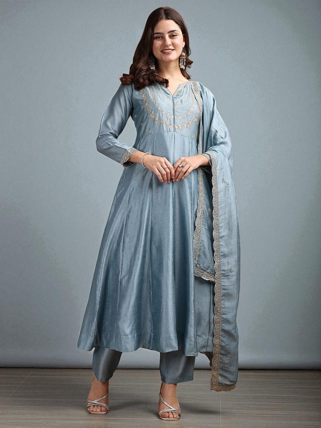 Image of Tasrika Women Chanderi Kurta Pant Dupatta Set