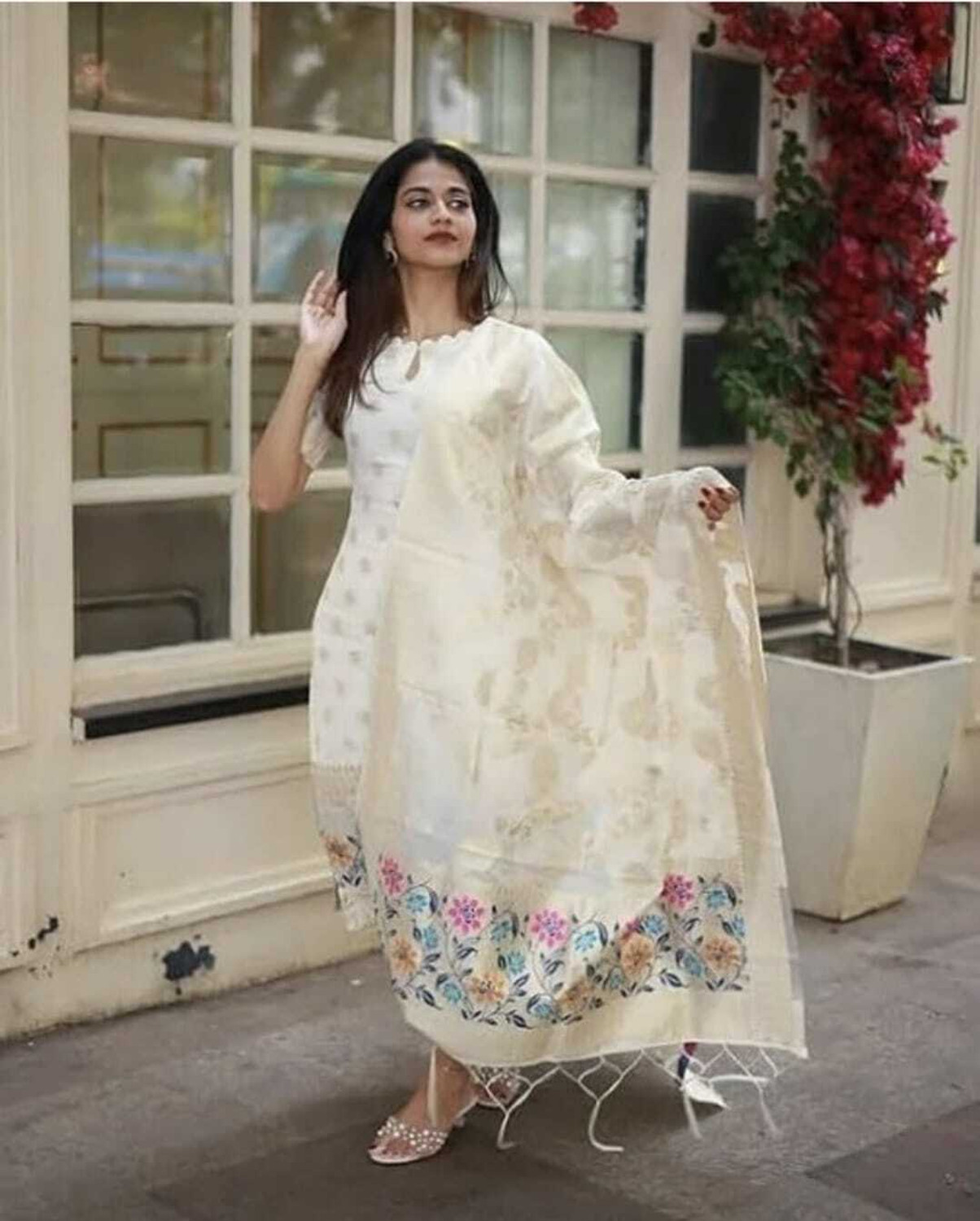 Image of Tasrika Women Chanderi Kurta Pant Dupatta Set