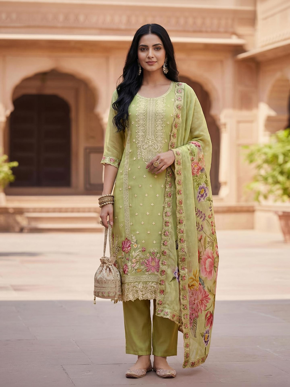 Skylee Women Silk Blend Kurta Pant Dupatta Set - Image 1
