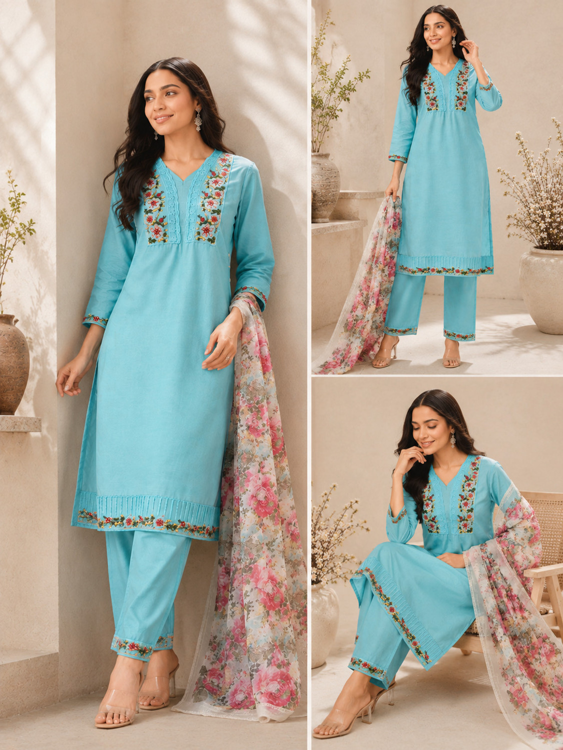 Image of jay randal Women Cotton Rayon Kurta Pant Dupatta Set