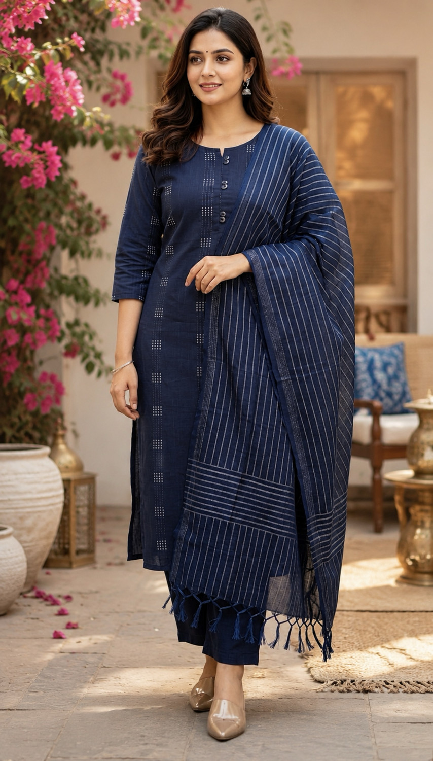 Image of RICF ROYALS INDIA FASHION COLLECTION Women Cotton Blend Kurti Palazzo Dupatta Set