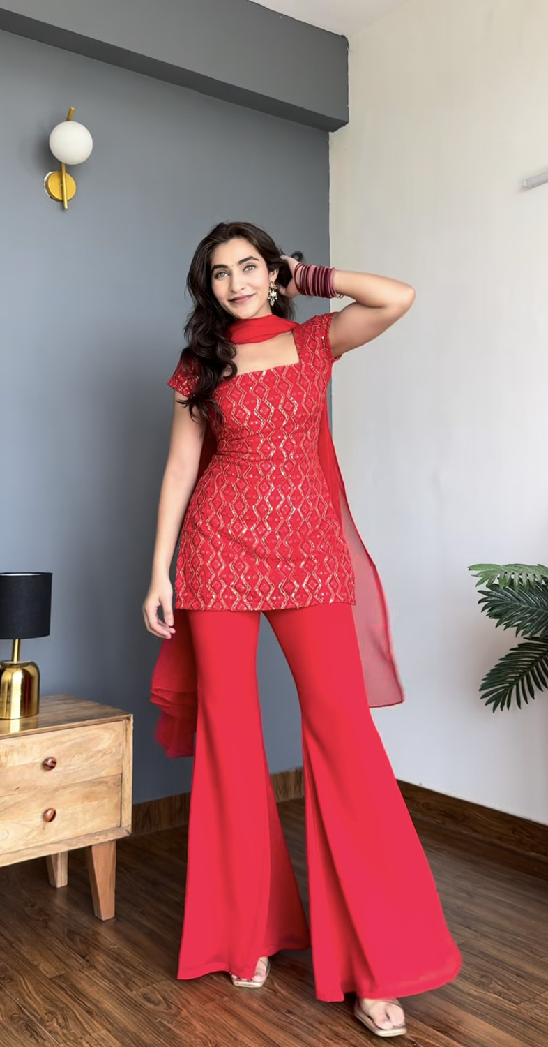Image of KHODIYAR ENTERPRISE Women Georgette Ethnic Top Palazzo Dupatta Set
