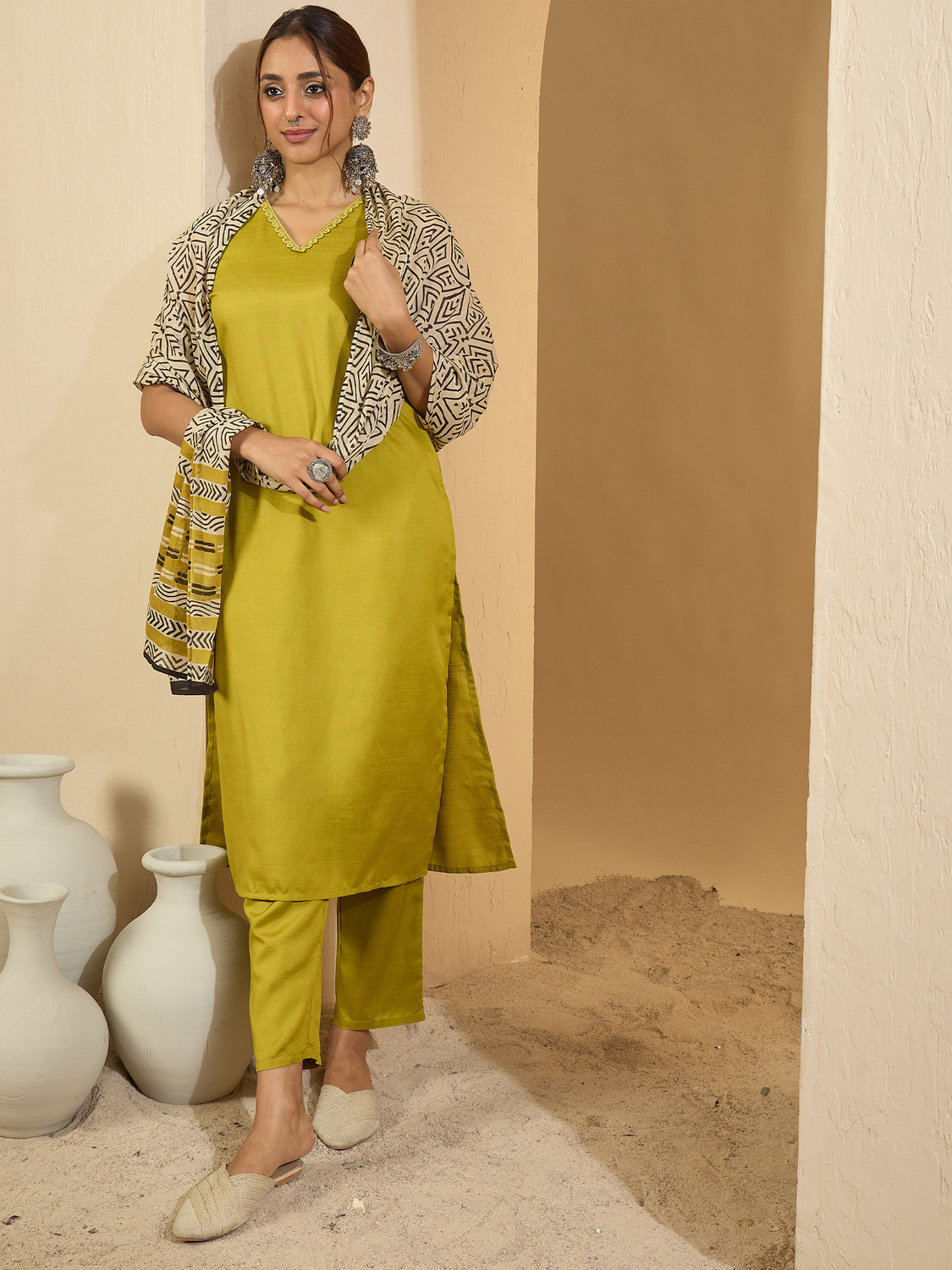 Image of r n Women Cotton Blend Kurta Dupatta Set