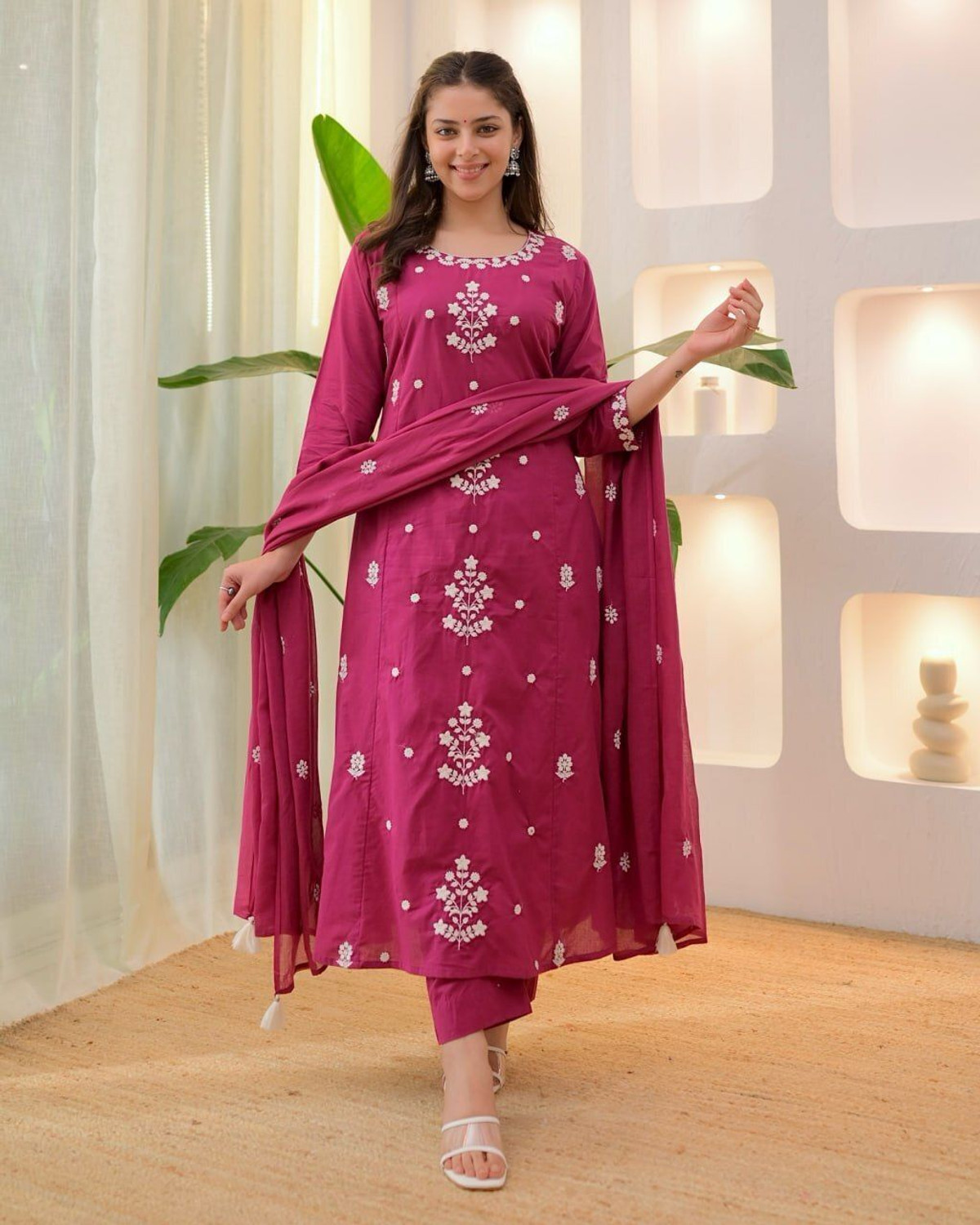 Image of HOUSE OF CLOTHES Women Pure Cotton Kurta Pant Dupatta Set