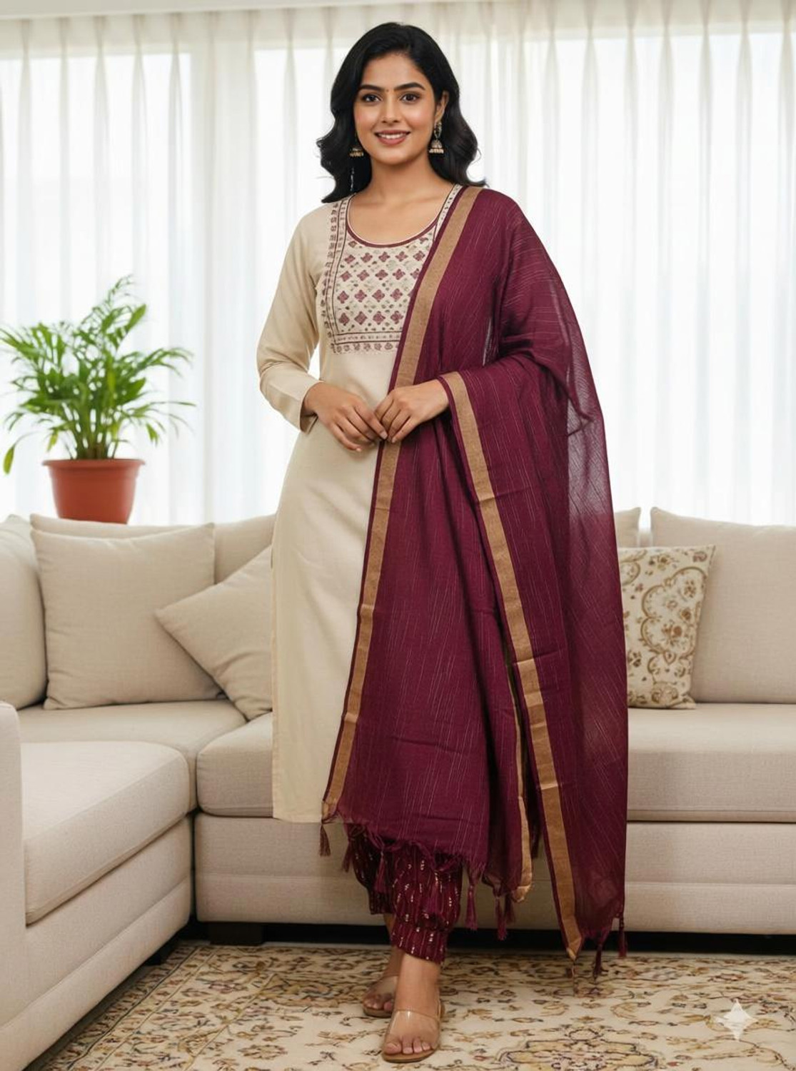 Image of NARI DREAM Women Tussar Silk Kurta Pant Attached Dupatta Set