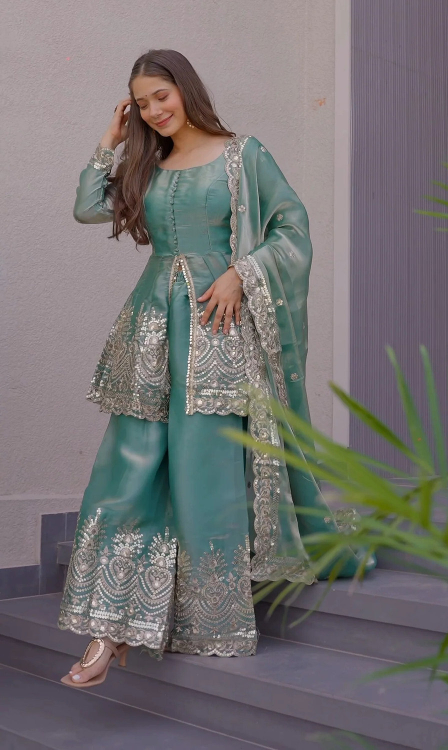 Image of Samragni Women Silk Blend Kurta Palazzo Dupatta Set