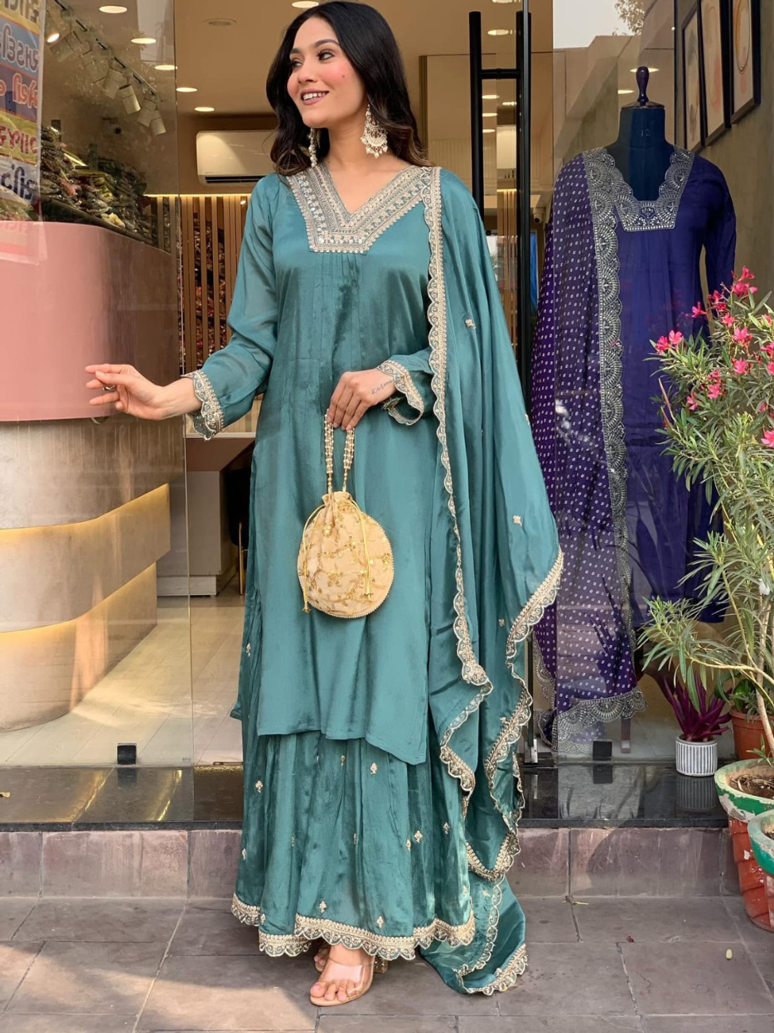 Image of HERE&NOW Women Georgette Kurta Palazzo Dupatta Set