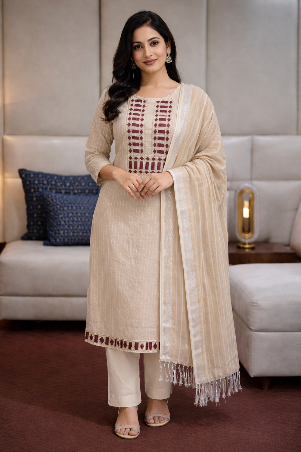 Image of RICF ROYALS INDIA FASHION COLLECTION Women Cotton Blend Kurti Palazzo Dupatta Set