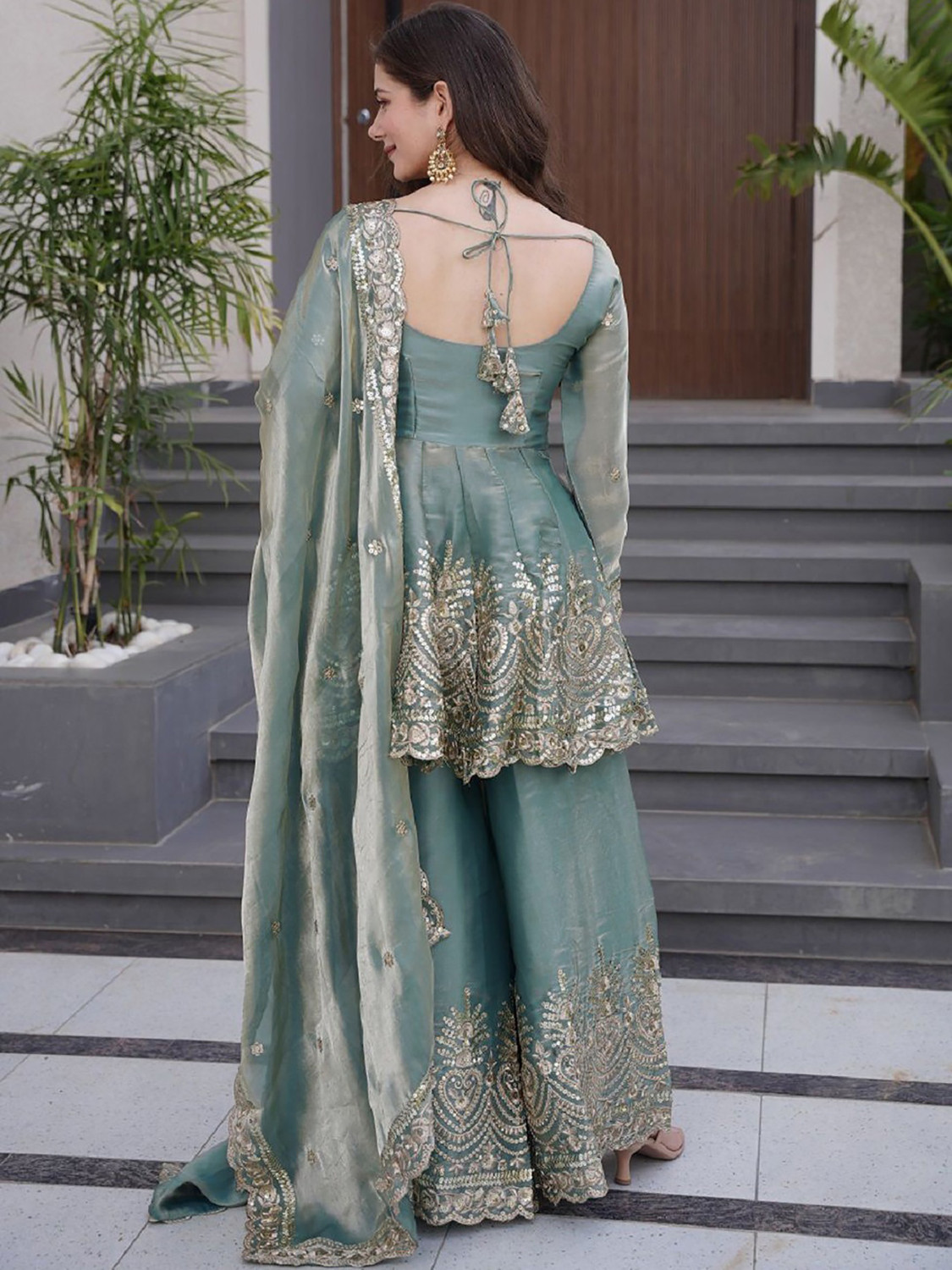 Image of KRISHNAHFAB Embroidered, Embellished Kurta, Trouser /Pant & Dupatta Set