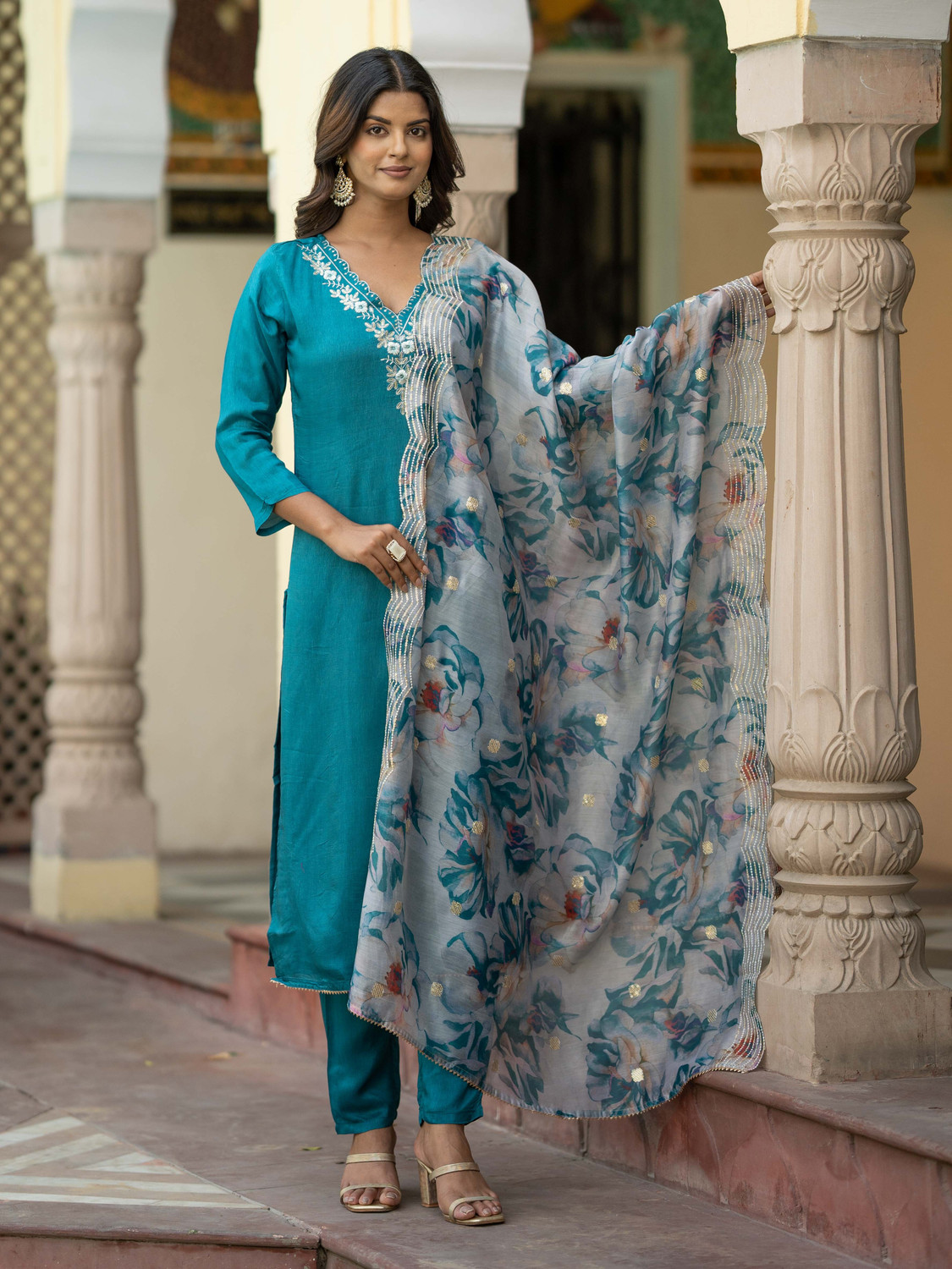 Image of SZN Embroidered Kurta, Trouser /Pant & Dupatta Set