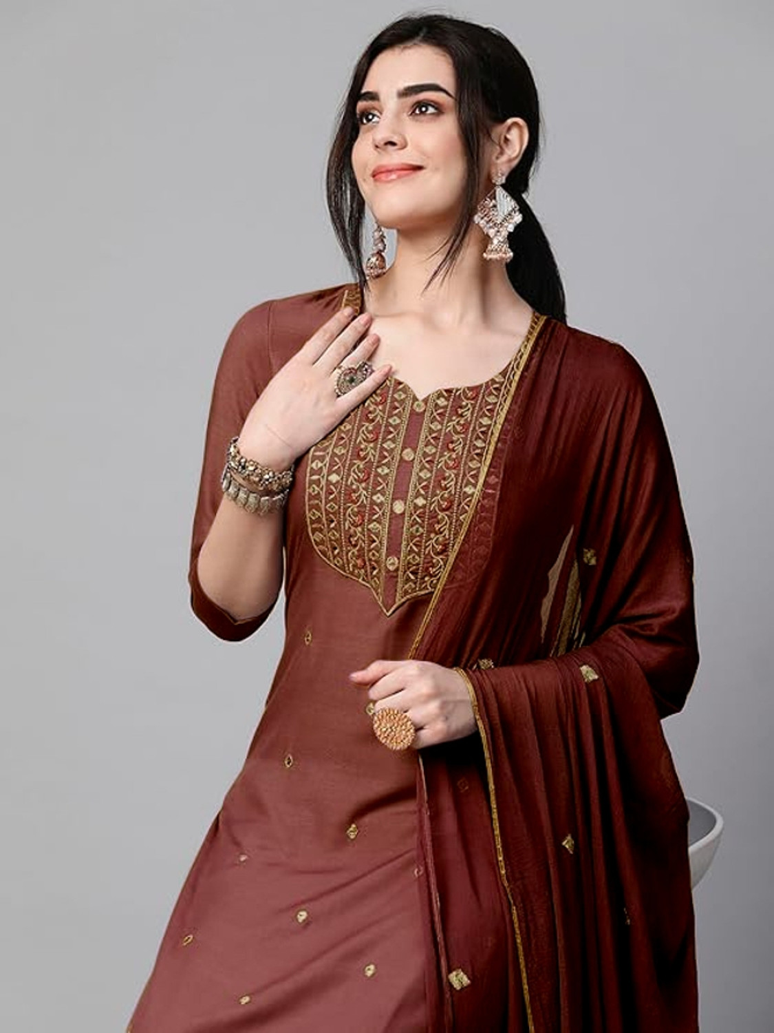 Image of HF HOLYDAY FASHION Women Cotton Blend Kurta Pant Dupatta Set