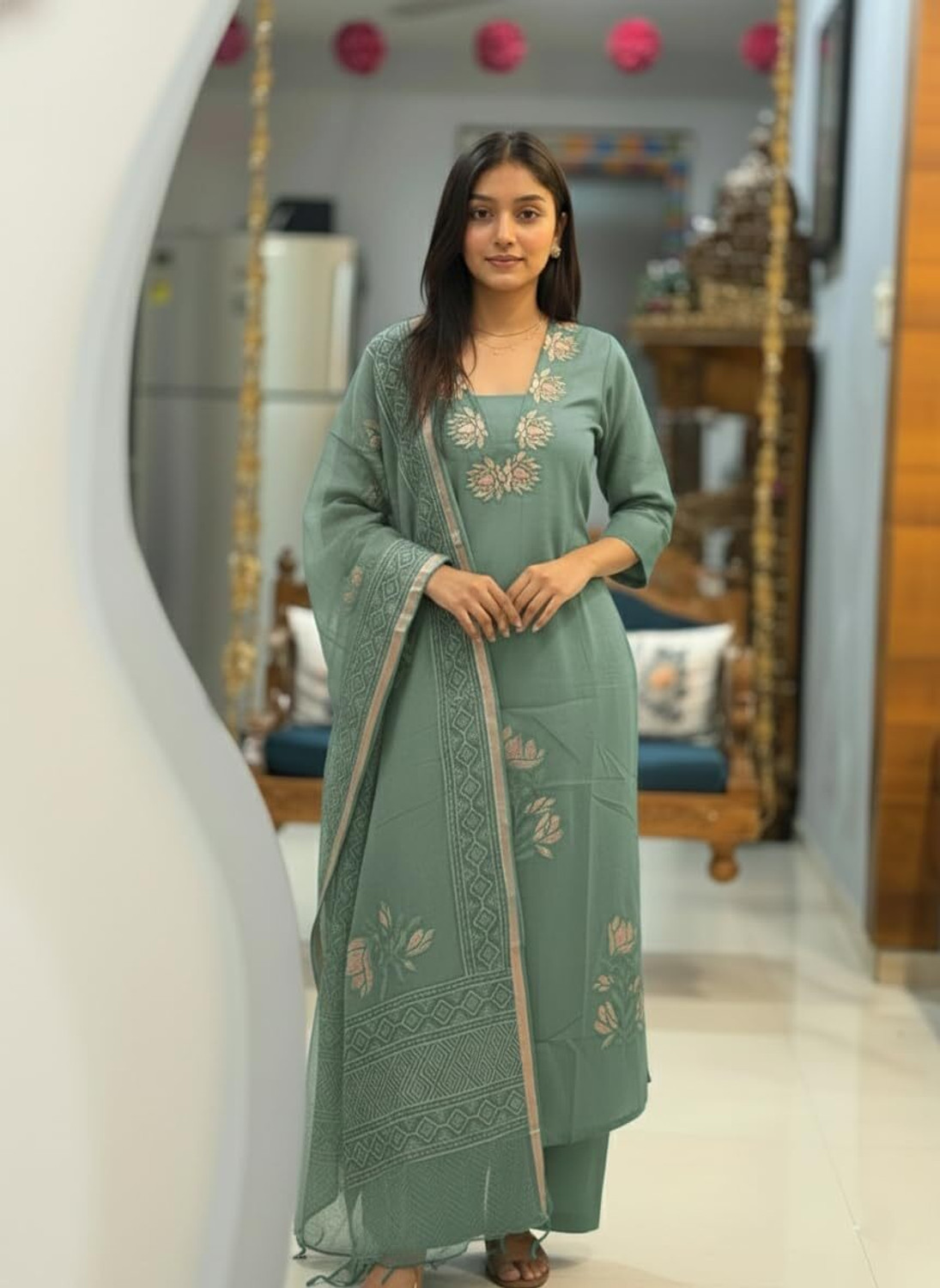 Image of Tasrika Women Chanderi Kurta Pant Dupatta Set