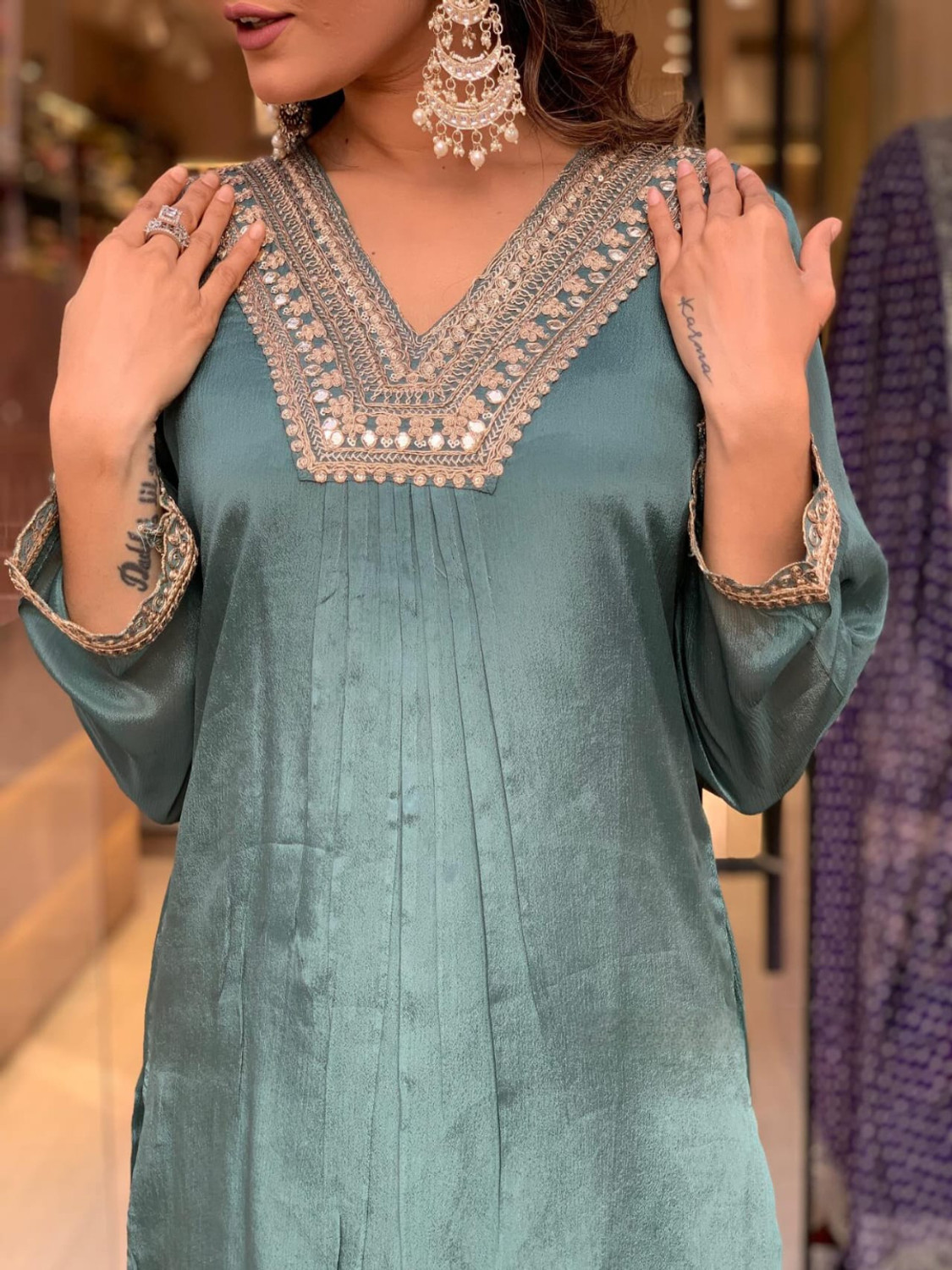 Image of HERE&NOW Women Georgette Kurta Palazzo Dupatta Set
