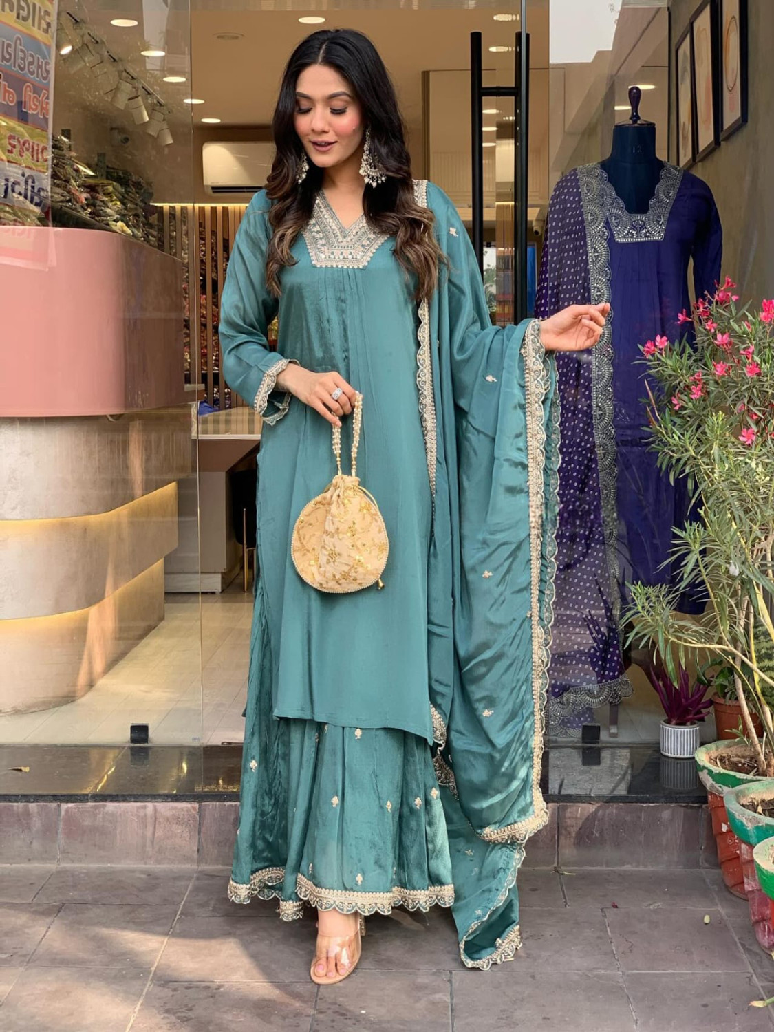 Image of HERE&NOW Women Georgette Kurta Palazzo Dupatta Set