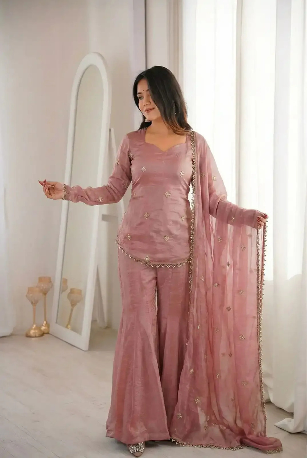 Image of KRISHNAHFAB Embroidered, Embellished Kurta, Trouser /Pant & Dupatta Set