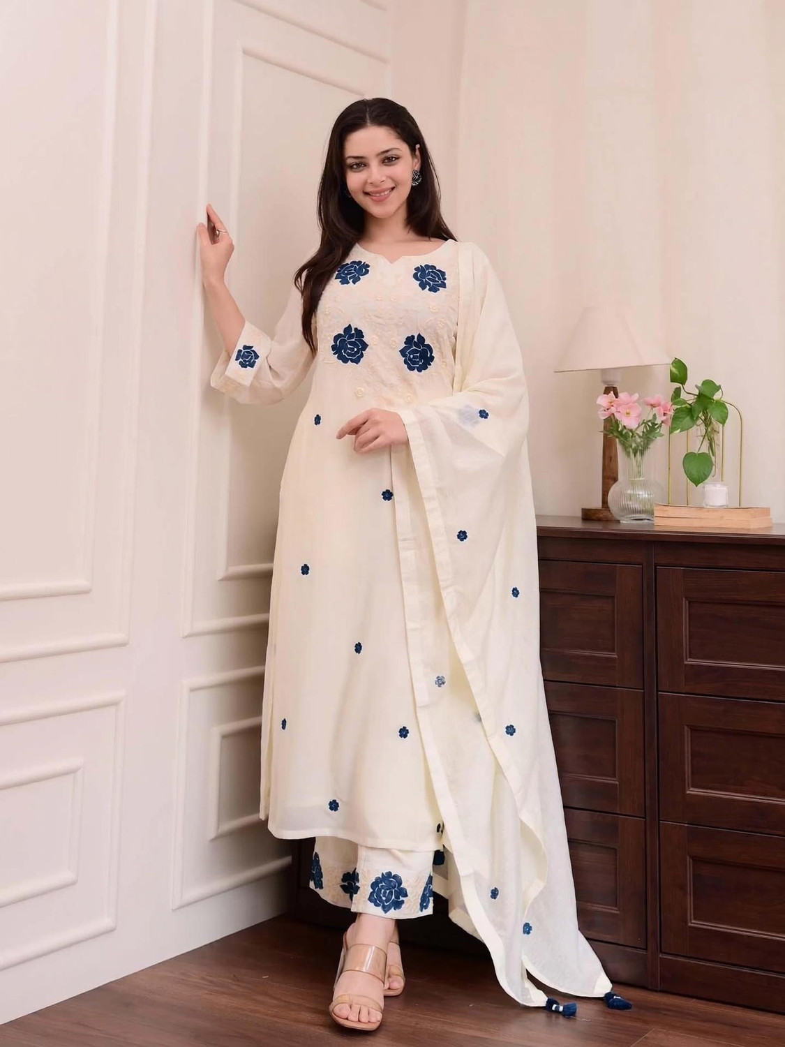 Image of HERE&NOW Women Georgette Kurta Palazzo Dupatta Set