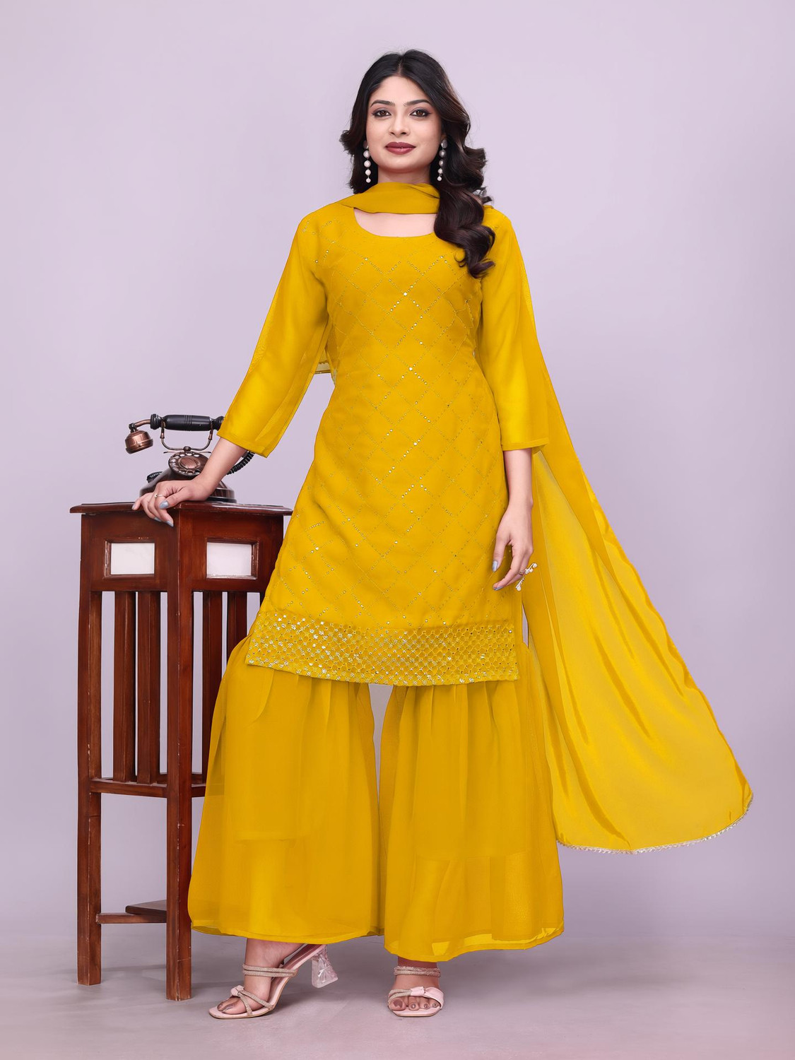 Image of SHISHKALA Women Silk Blend Kurta Sharara Dupatta Set