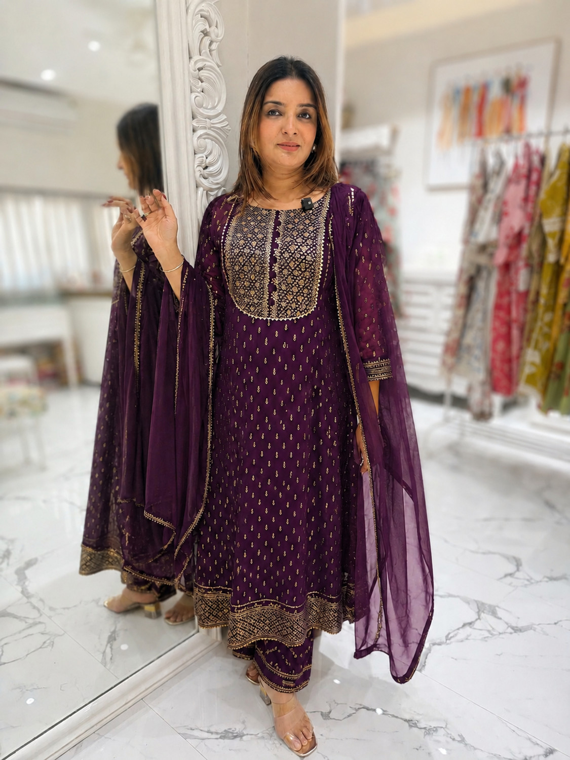 Image of HERE&NOW Women Georgette Kurta Palazzo Dupatta Set