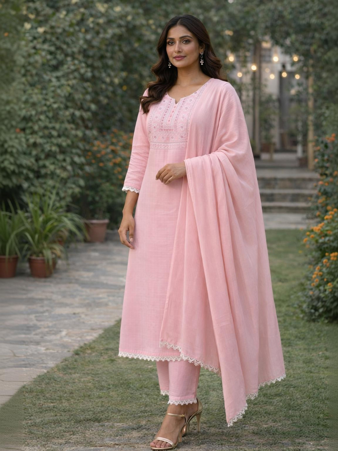 Image of RICF ROYALS INDIA FASHION COLLECTION Women Cotton Blend Kurti Palazzo Dupatta Set