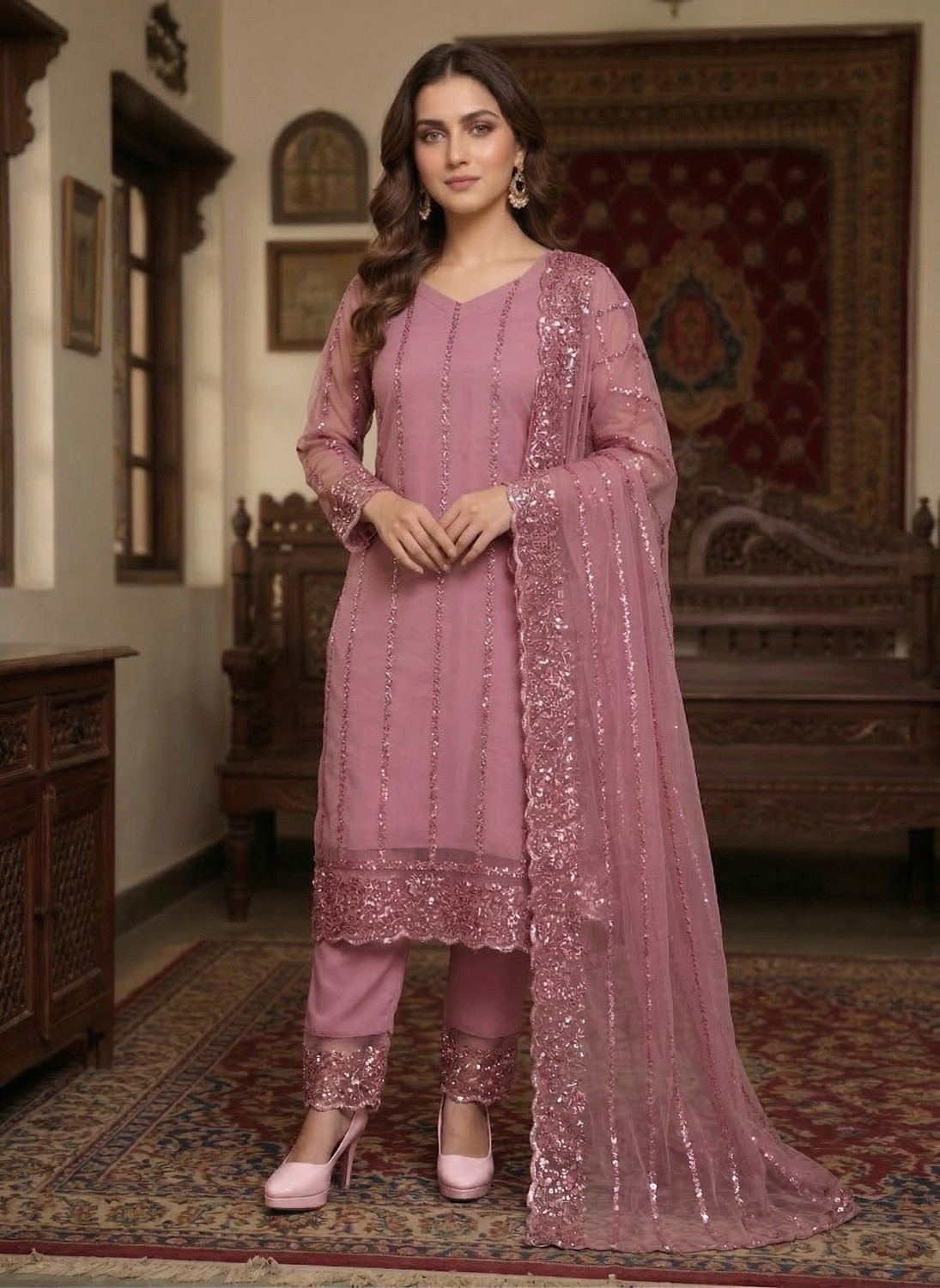 Image of Blue Wish Women Net Kurta Pant Dupatta Set