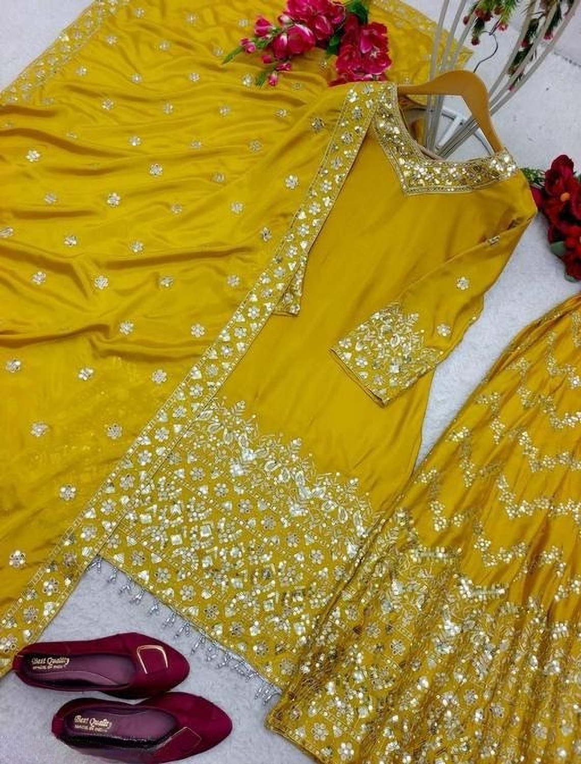 Image of SHISHKALA Women Silk Blend Kurta Sharara Dupatta Set