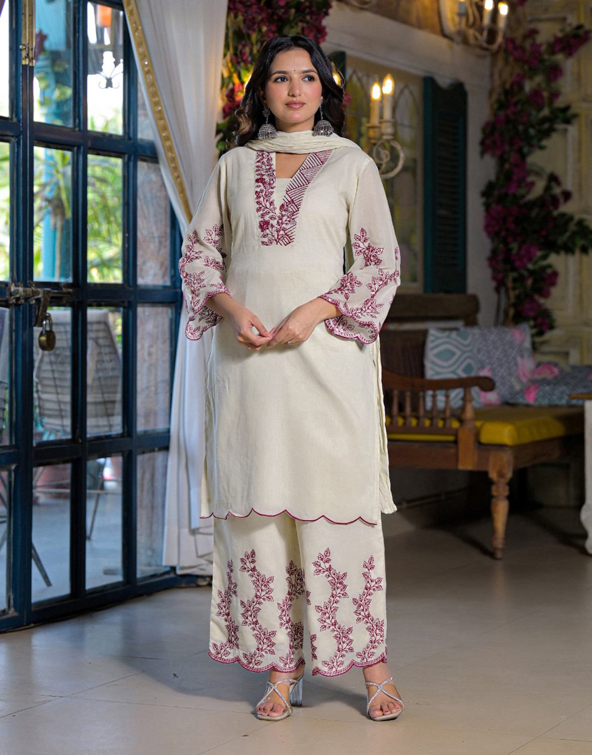 Image of Tasrika Women Muslin Kurta Palazzo Dupatta Set