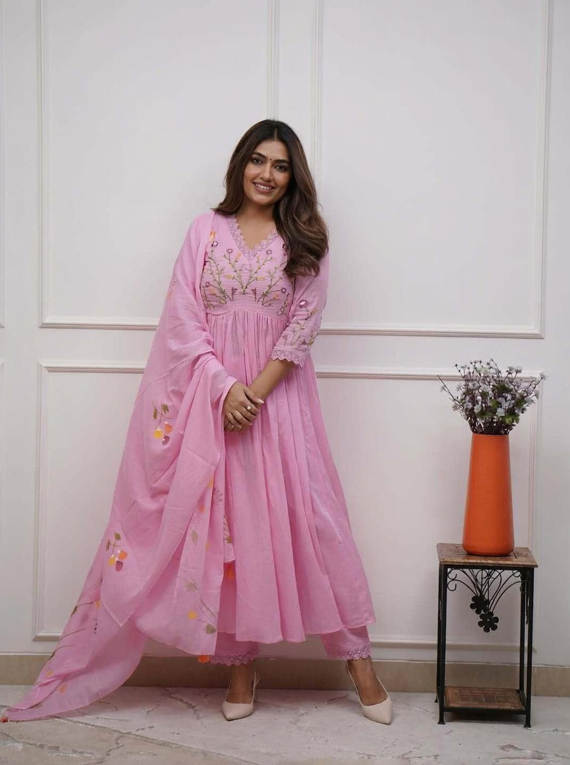Image of CHECHI Embroidered Kurta, Palazzo & Dupatta Set