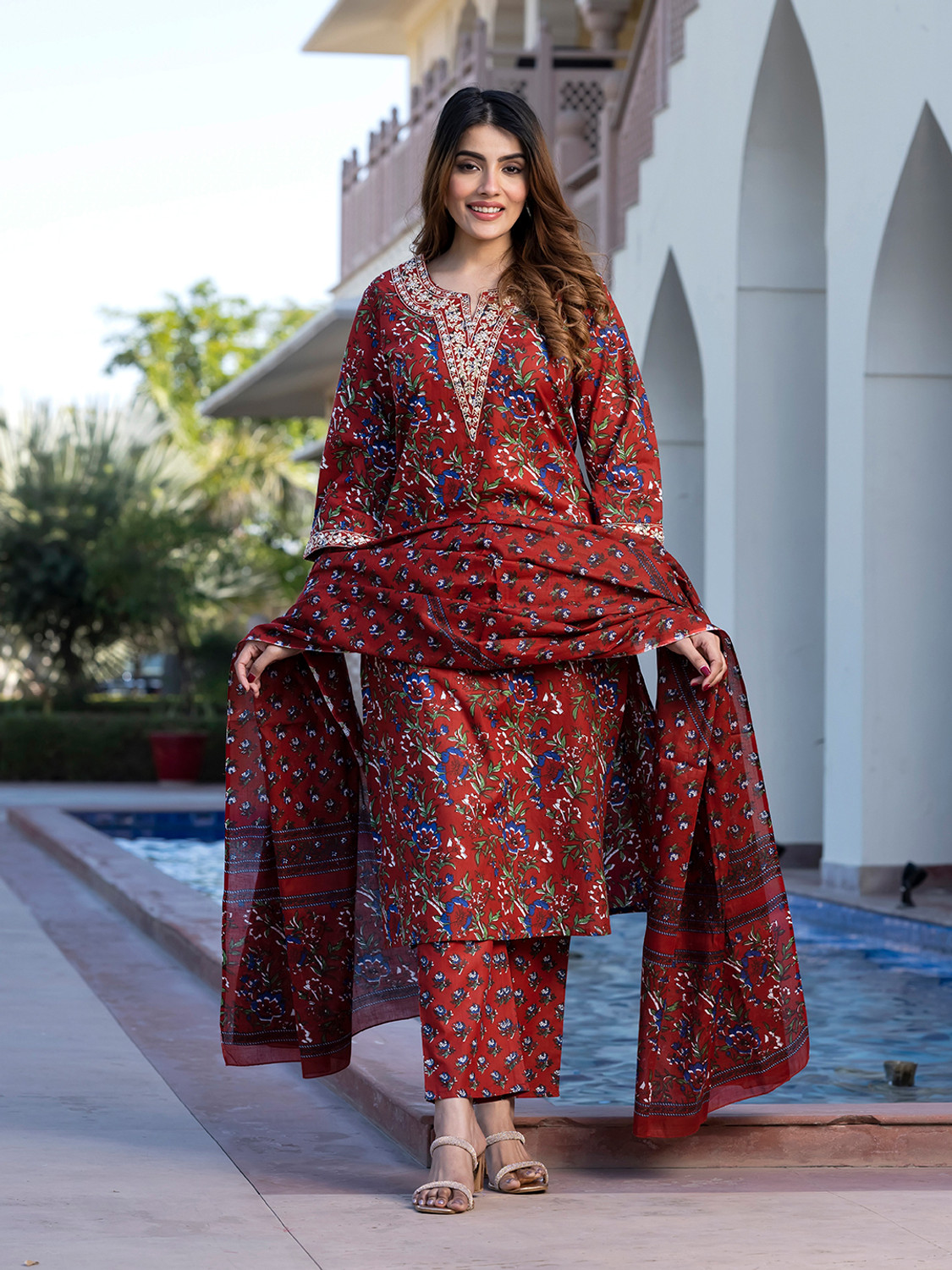 Image of Tasrika Women Muslin Kurta Palazzo Dupatta Set