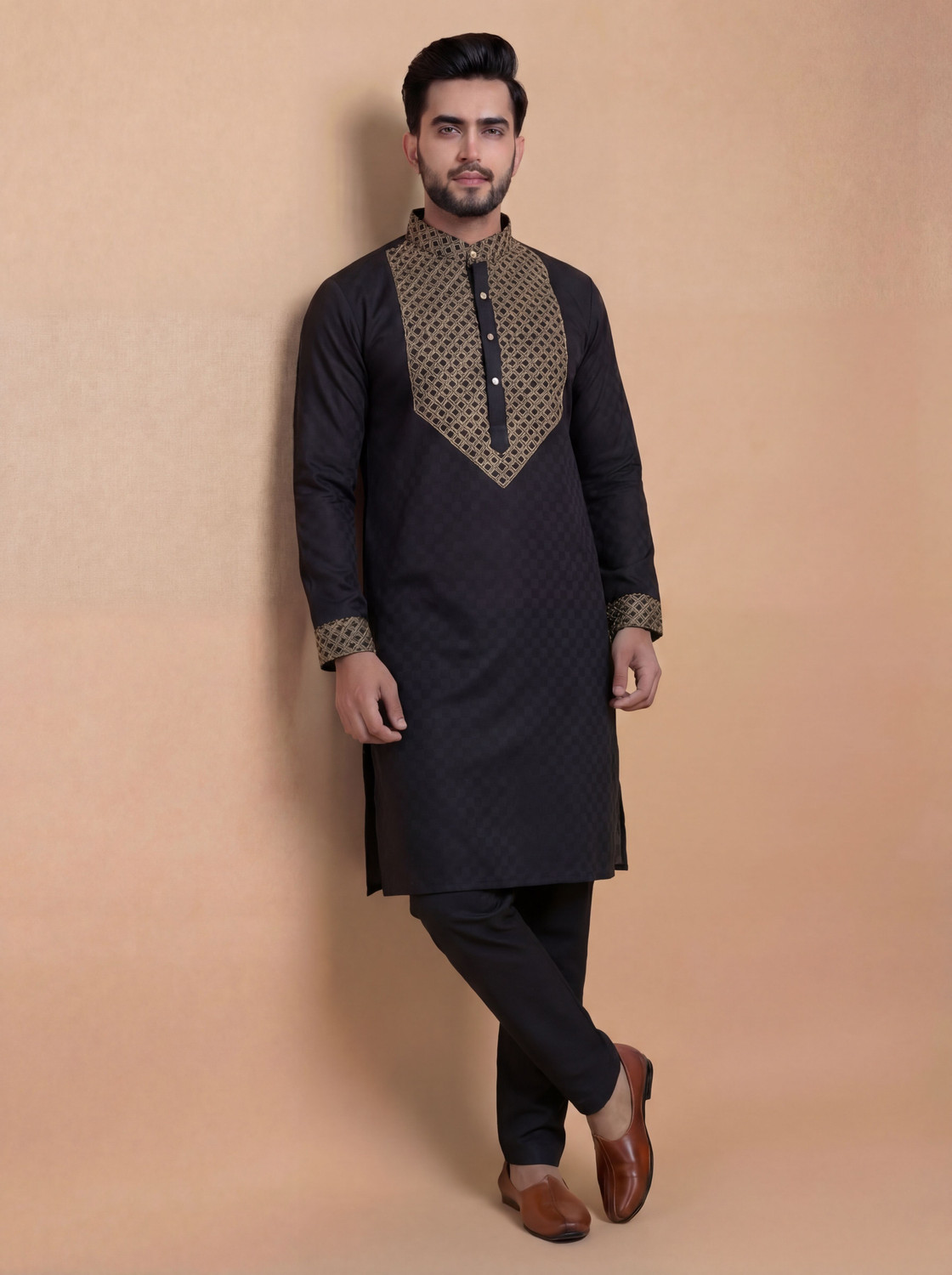 Image of OS Jeans Men Cotton Blend Kurta Dhoti Pant Set